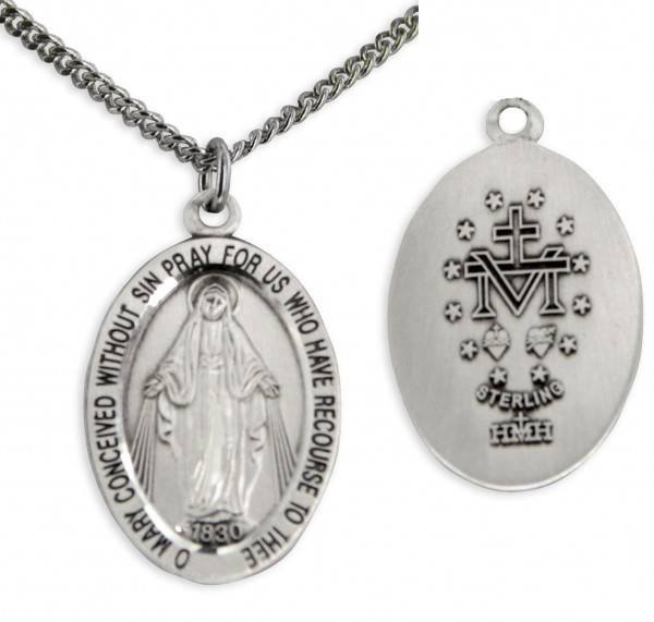 Unisex Sterling Silver Oval Miraculous Pendant 20 Inch Rhodium Plated Stainless Steel Curb Chain - 20" 2.2mm Stainless Steel Chain with Clasp