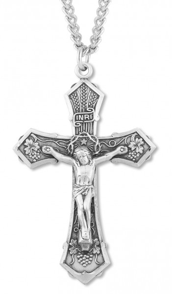 Men's Wheat and Grapes Crucifix Necklace, Sterling Silver with Chain Options - 24" 3mm Stainless Steel Endless Chain