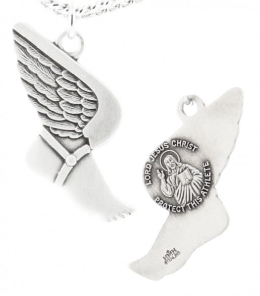 Winged Foot Track Necklace with Jesus Figure Back in Sterling Silver - 24" 3mm Stainless Steel Chain + Clasp