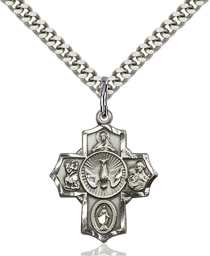 Women's / Boys Sterling Silver 5 Way Cross Pendant - 18" 2.1mm Rhodium Plate Chain + Clasp