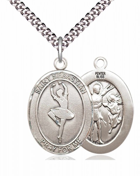 Women's Large Pewter Oval St. Sebastian Dance Medal - 24" 2.4mm Rhodium Plate Endless Chain