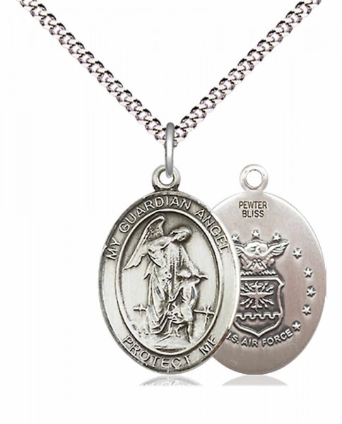 Women's Pewter Oval Guardian Angel Air Force Medal - 18" Rhodium Plated Medium Chain + Clasp