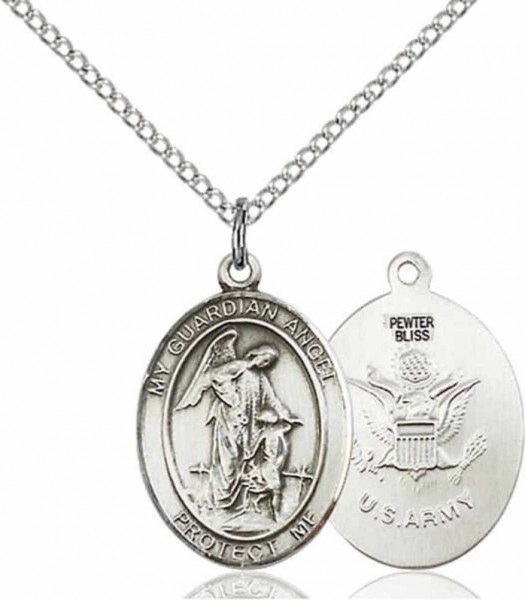 Women's Pewter Oval Guardian Angel Army Medal - 18" Rhodium Plated Medium Chain + Clasp