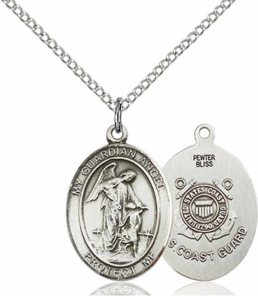 Women's Pewter Oval Guardian Angel Coast Guard Medal - 18" Rhodium Plated Heavy Chain + Clasp