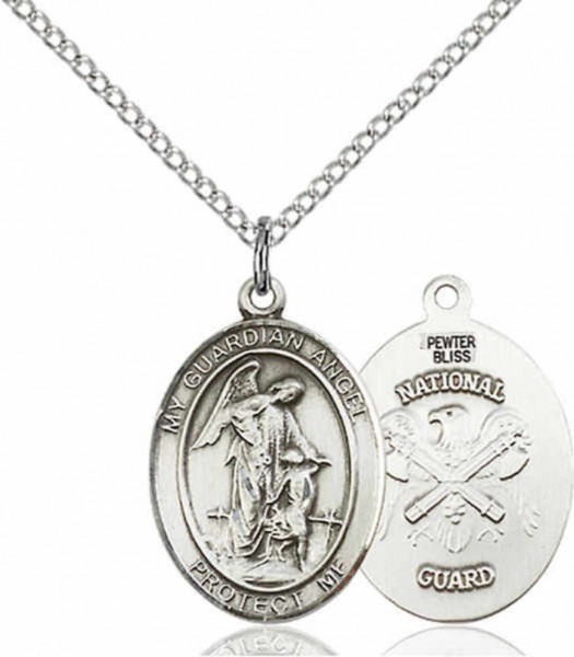 Women's Pewter Oval Guardian Angel National Guard Medal - 18" Rhodium Plated Heavy Chain + Clasp