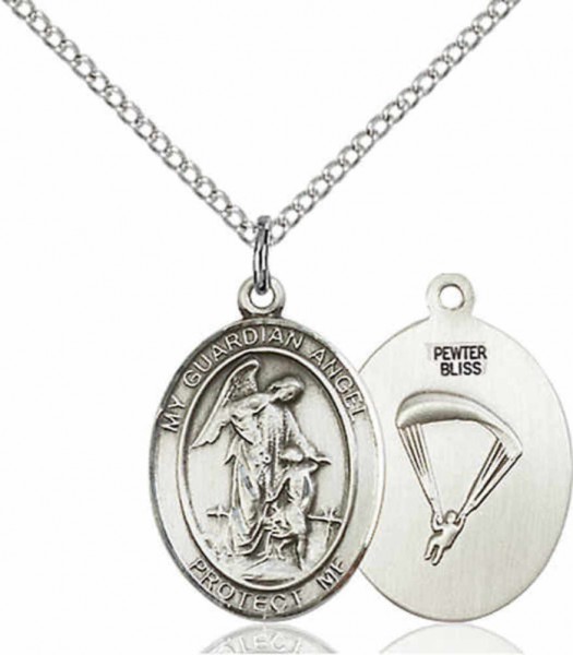 Women's Pewter Oval Guardian Angel Paratrooper Medal - 18" Rhodium Plated Medium Chain + Clasp