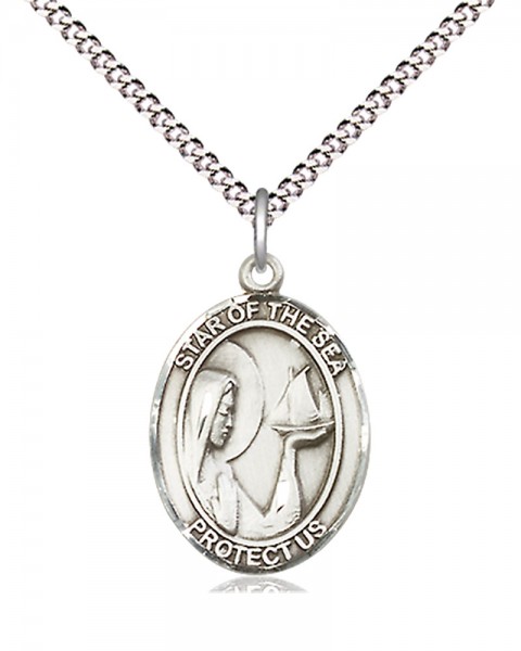 Women's Pewter Oval Our Lady Star of the Sea Medal - 18" Rhodium Plated Medium Chain + Clasp