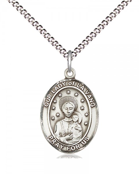 Women's Pewter Oval Our Lady of La Vang Medal - 18" Rhodium Plated Heavy Chain + Clasp