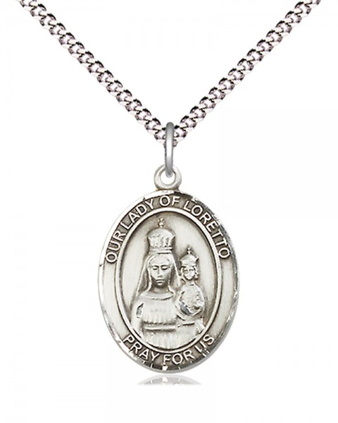 Women's Pewter Oval Our Lady of Loretto Medal - 18" Rhodium Plated Medium Chain + Clasp
