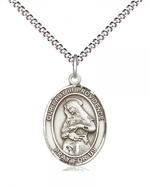 Women's Pewter Oval Our Lady of Providence Medal - 18" Rhodium Plated Heavy Chain + Clasp