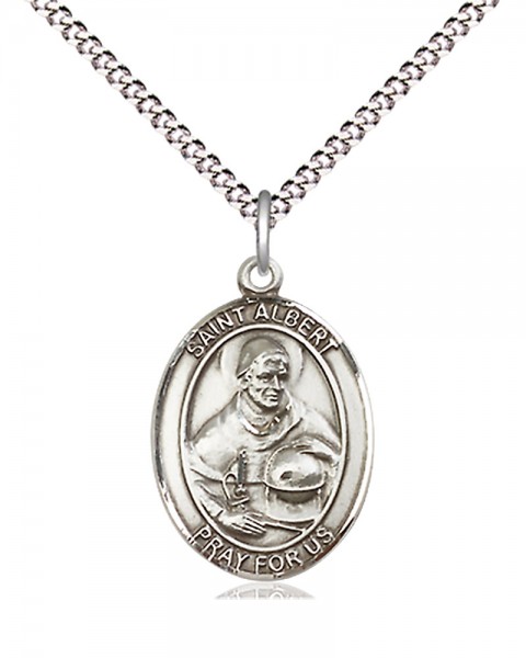 Women's Pewter Oval St. Albert the Great Medal - 18" Rhodium Plated Heavy Chain + Clasp