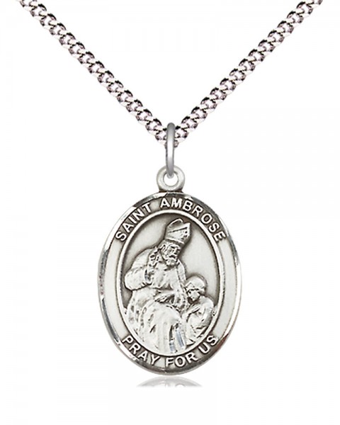 Women's Pewter Oval St. Ambrose Medal - 18" Rhodium Plated Medium Chain + Clasp