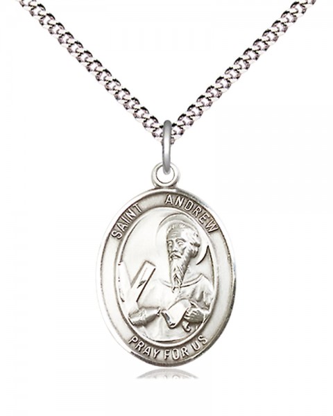 Women's Pewter Oval St. Andrew the Apostle Medal - 18" Rhodium Plated Heavy Chain + Clasp
