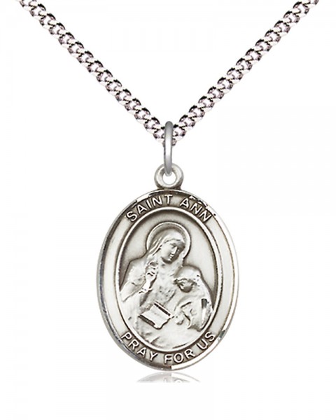 Women's Pewter Oval St. Ann Medal - 18" Rhodium Plated Medium Chain + Clasp