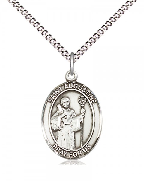 Women's Pewter Oval St. Augustine Medal - 18" Rhodium Plated Medium Chain + Clasp