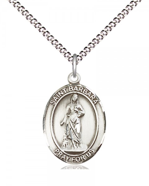 Women's Pewter Oval St. Barbara Medal - 18" Rhodium Plated Medium Chain + Clasp