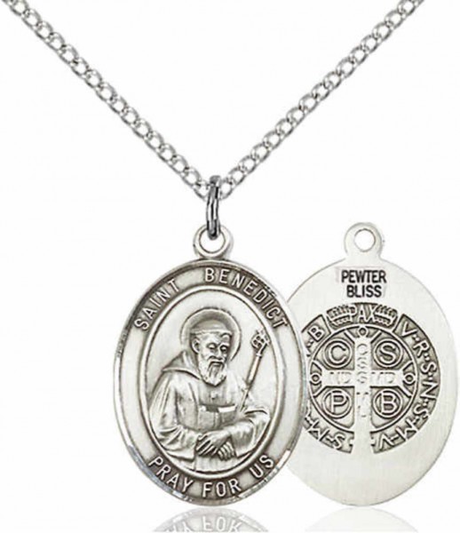 Women's Pewter Oval St. Benedict Medal - 18" Rhodium Plated Heavy Chain + Clasp