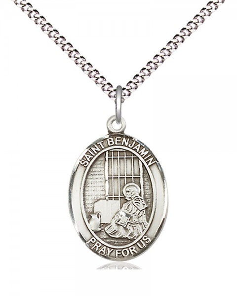 Women's Pewter Oval St. Benjamin Medal - 18" Rhodium Plated Heavy Chain + Clasp