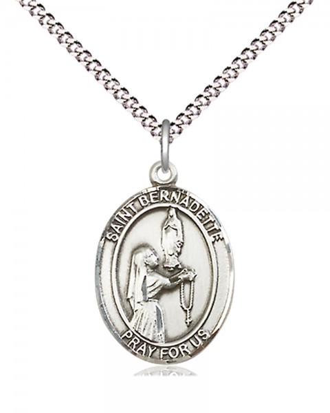Women's Pewter Oval St. Bernadette Medal - 18" Rhodium Plated Medium Chain + Clasp