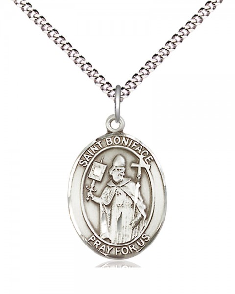 Women's Pewter Oval St. Boniface Medal - 18" Rhodium Plated Medium Chain + Clasp