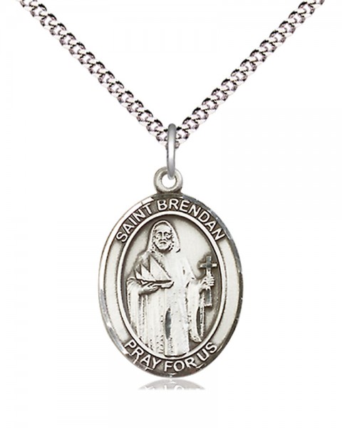 Women's Pewter Oval St. Brendan the Navigator Medal - 18" Rhodium Plated Heavy Chain + Clasp