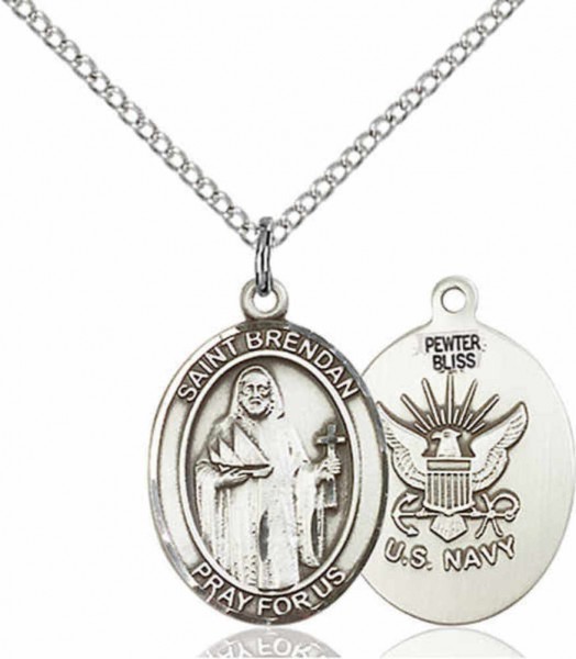 Women's Pewter Oval St. Brendan the Navigator Navy Medal - 18" Rhodium Plated Medium Chain + Clasp