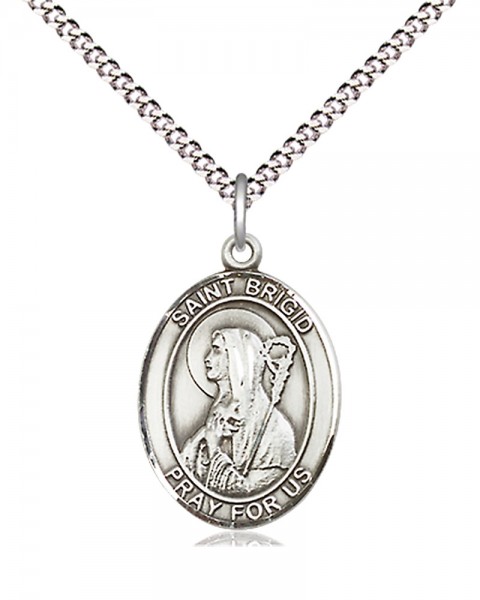 Women's Pewter Oval St. Brigid of Ireland Medal - 18" Rhodium Plated Medium Chain + Clasp