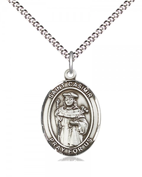 Women's Pewter Oval St. Casimir of Poland Medal - 18" Rhodium Plated Medium Chain + Clasp