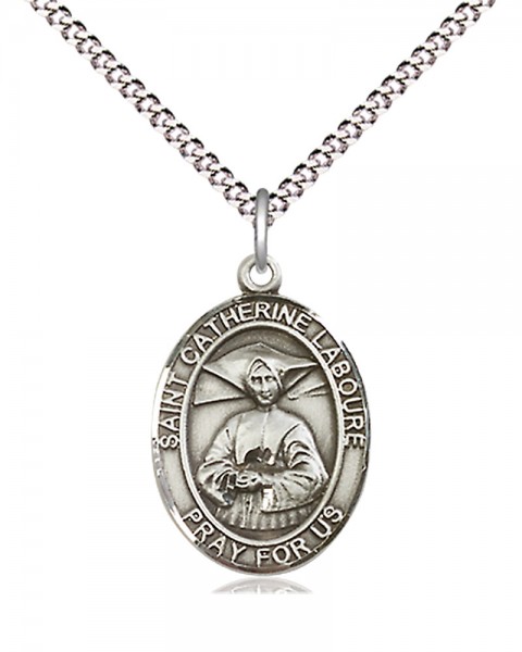 Women's Pewter Oval St. Catherine Laboure Medal - 18" Rhodium Plated Heavy Chain + Clasp