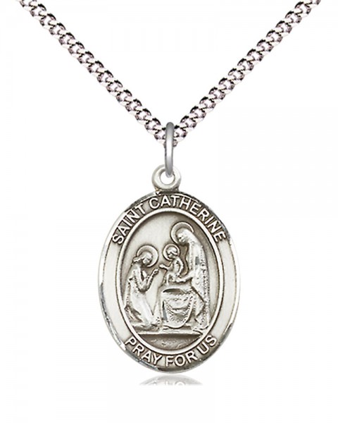 Women's Pewter Oval St. Catherine of Siena Medal - 18" Rhodium Plated Heavy Chain + Clasp