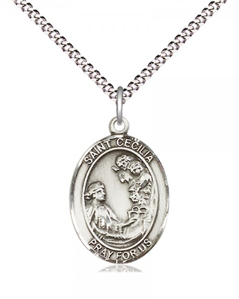 Women's Pewter Oval St. Cecilia Medal - 18" Rhodium Plated Medium Chain + Clasp