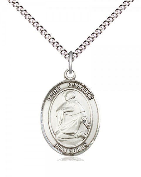 Women's Pewter Oval St. Charles Borromeo Medal - 18" Rhodium Plated Heavy Chain + Clasp