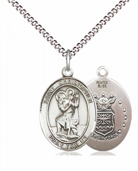 Women's Pewter Oval St. Christopher Air Force Medal - 18" Rhodium Plated Medium Chain + Clasp