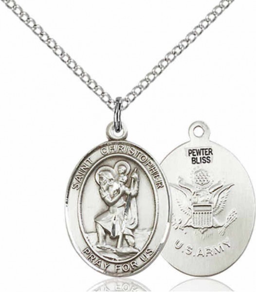 Women's Pewter Oval St. Christopher Army Medal - 18" Rhodium Plated Medium Chain + Clasp