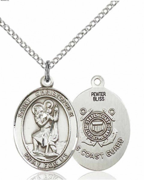 Women's Pewter Oval St. Christopher Coast Guard Medal - 18" Rhodium Plated Medium Chain + Clasp