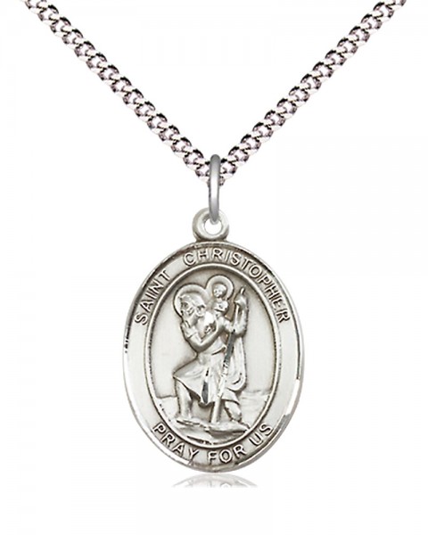 Women's Pewter Oval St. Christopher Medal - 18" Rhodium Plated Medium Chain + Clasp