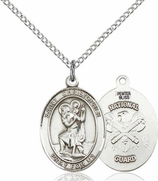 Women's Pewter Oval St. Christopher National Guard Medal - 18" Rhodium Plated Medium Chain + Clasp