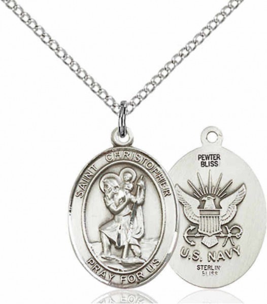 Women's Pewter Oval St. Christopher Navy Medal - 18" Rhodium Plated Heavy Chain + Clasp