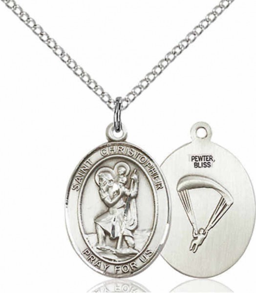 Women's Pewter Oval St. Christopher Paratrooper Medal - 18" Rhodium Plated Heavy Chain + Clasp