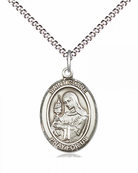 Women's Pewter Oval St. Clare of Assisi Medal - 18" Rhodium Plated Heavy Chain + Clasp