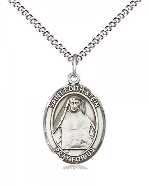 Women's Pewter Oval St. Edith Stein Medal - 18" Rhodium Plated Heavy Chain + Clasp