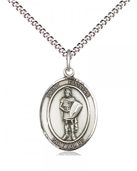 Women's Pewter Oval St. Florian Medal - 18" Rhodium Plated Medium Chain + Clasp