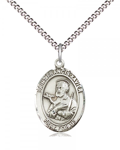 Women's Pewter Oval St. Francis Xavier Medal - 18" Rhodium Plated Heavy Chain + Clasp