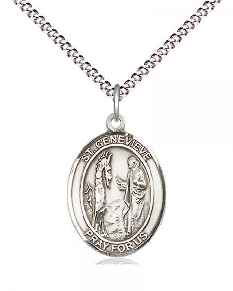 Women's Pewter Oval St. Genevieve Medal - 18" Rhodium Plated Medium Chain + Clasp