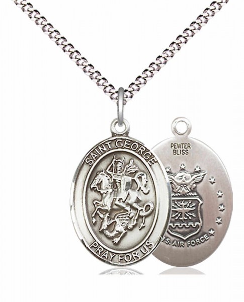 Women's Pewter Oval St. George Air Force Medal - 18" Rhodium Plated Heavy Chain + Clasp