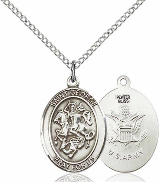 Women's Pewter Oval St. George Army Medal - 18" Rhodium Plated Medium Chain + Clasp
