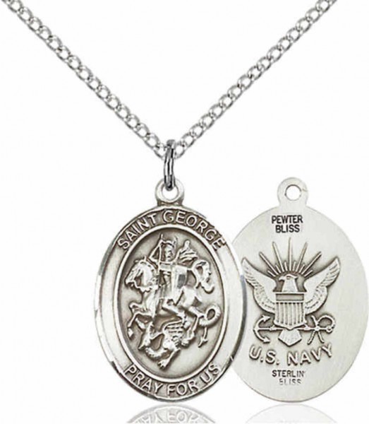 Women's Pewter Oval St. George Navy Medal - 18" Rhodium Plated Medium Chain + Clasp