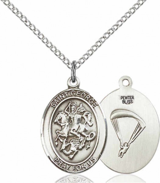 Women's Pewter Oval St. George Paratrooper Medal - 18" Rhodium Plated Medium Chain + Clasp