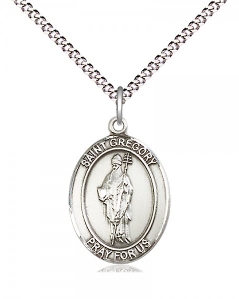 Women's Pewter Oval St. Gregory the Great Medal - 18" Rhodium Plated Heavy Chain + Clasp