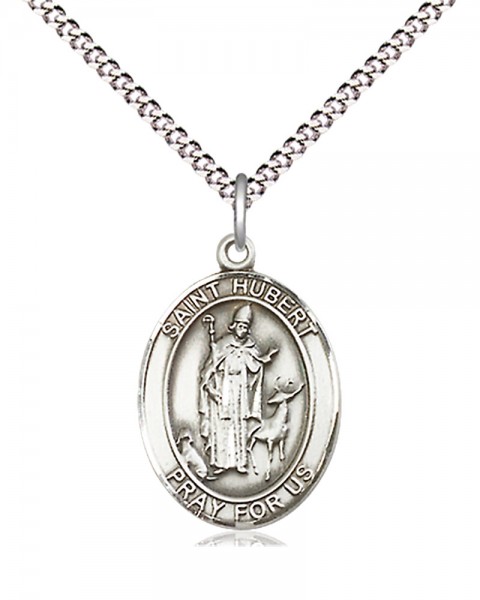Women's Pewter Oval St. Hubert of Liege Medal - 18" Rhodium Plated Medium Chain + Clasp